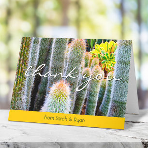 Stylish green fuzzy cacti modern script name bold thank you card