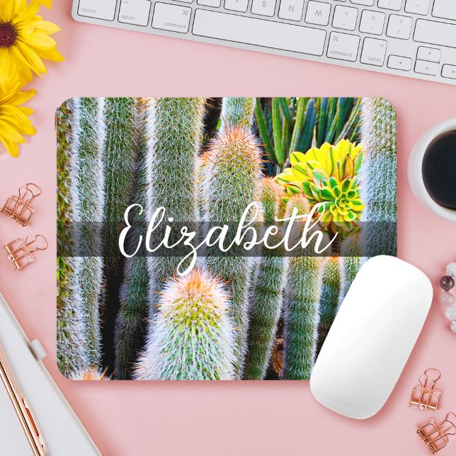 Stylish green fuzzy cacti photo custom name script mouse mat (Creator Uploaded)