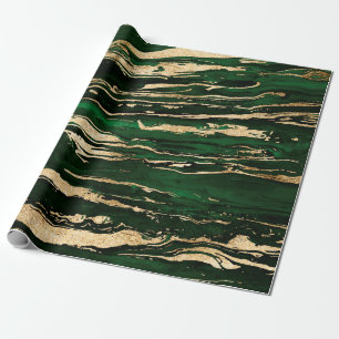 Stylish Green & Gold Abstract Marbleised Paint Wrapping Paper