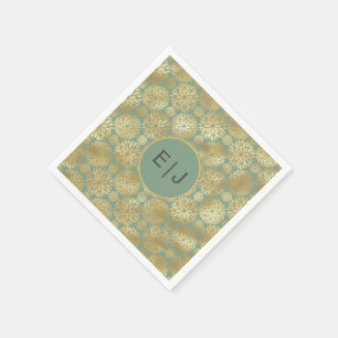 Stylish Green & Gold Dahlias Pattern Monogram  Napkin