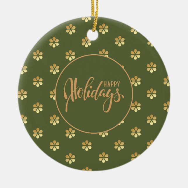Stylish Green & Gold Daisy Christmas Ceramic Tree Decoration (Front)
