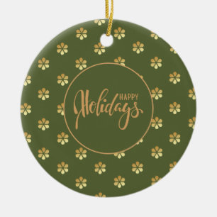 Stylish Green & Gold Daisy Happy Holidays Chrismas Ceramic Tree Decoration