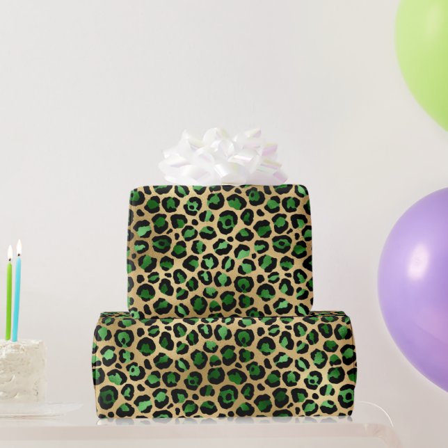 Stylish Green & Gold Foil Leopard Spots Safari Wrapping Paper (Party Gifts)