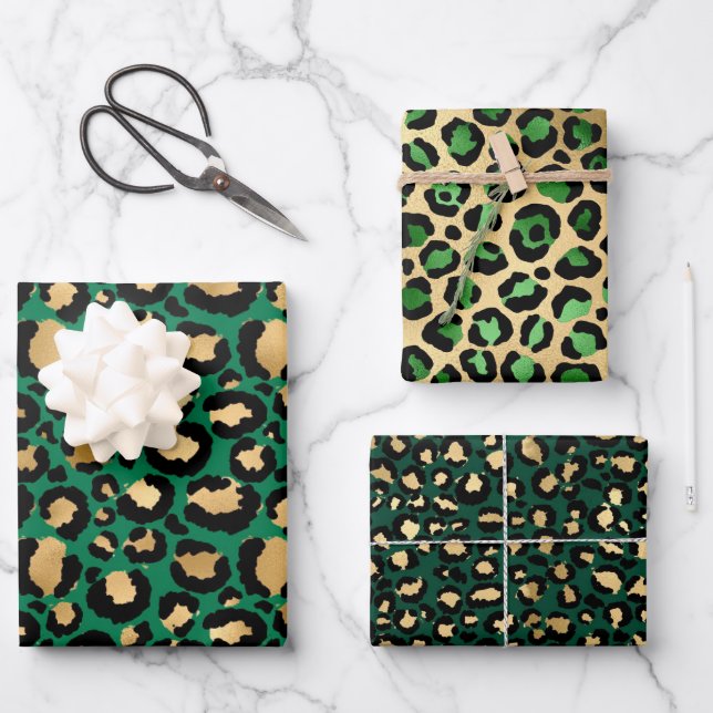 Stylish Green & Gold Foil Leopard Spots Safari Wrapping Paper Sheet (Front)