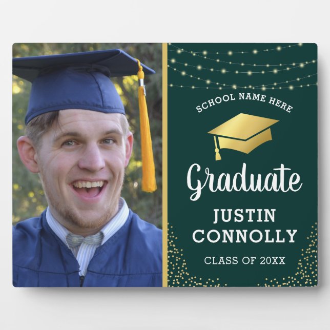 Stylish Green & Gold Graduate Class of 2025 Photo Plaque (Front)