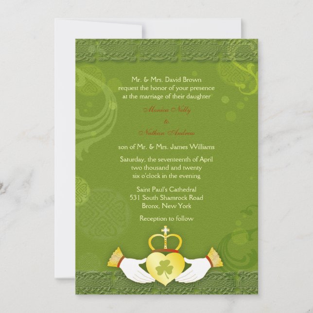 Stylish Green & Gold Rustic Irish Wedding Invitation (Front)