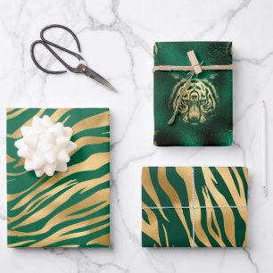 Stylish Green & Gold tiger face and stripes Safari Wrapping Paper Sheet