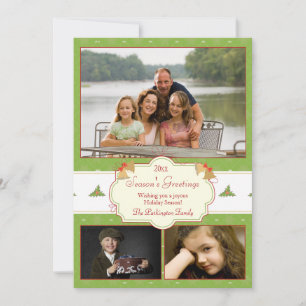 Stylish green holly 3 photo Christmas holiday card