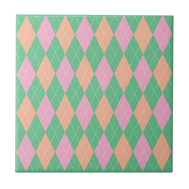 Stylish Green Orange Pink Argyle Pattern Tile (Front)