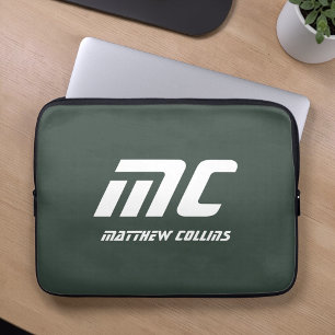 Stylish Green Personalised Monogram Masculine  Laptop Sleeve
