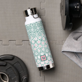 Stylish Green Pink Monogram Geometric Water Bottle