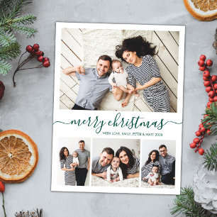 Stylish Green Script 4 Photo Collage Christmas Postcard