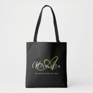 Stylish Green Script Monogram Grocery Tote Bag