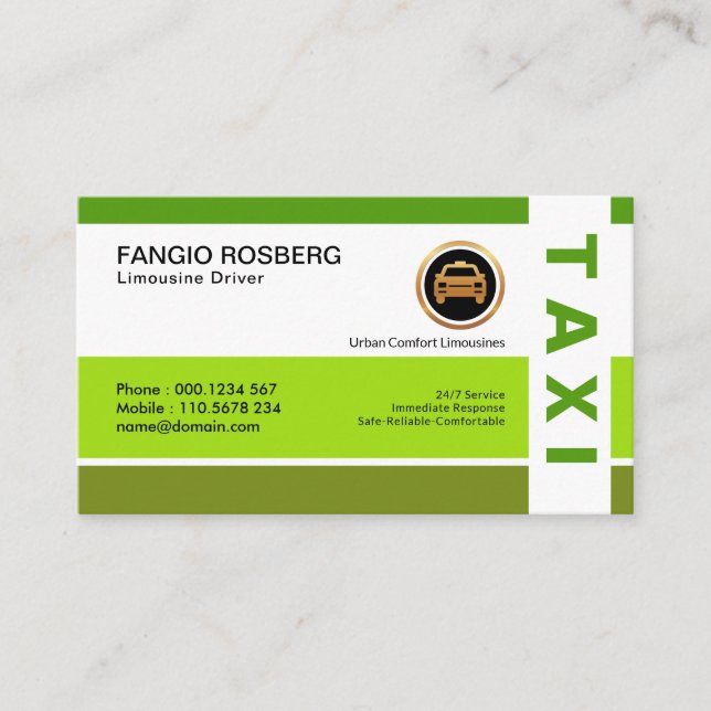 Stylish Green Simple Professional Modern Taxi Business Card (Front)