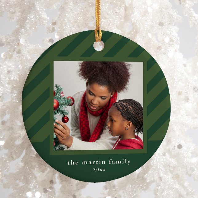 Stylish Green Stripe Simple Photo Christmas Ceramic Tree Decoration (Creator Uploaded)