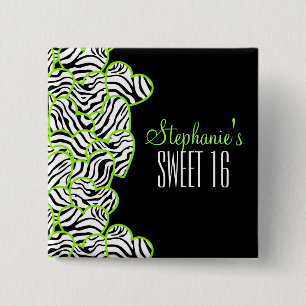 Stylish Green Sweet 16 Zebra Heart Design Name 15 Cm Square Badge
