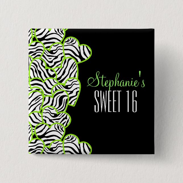Stylish Green Sweet 16 Zebra Heart Design Name 15 Cm Square Badge (Front)