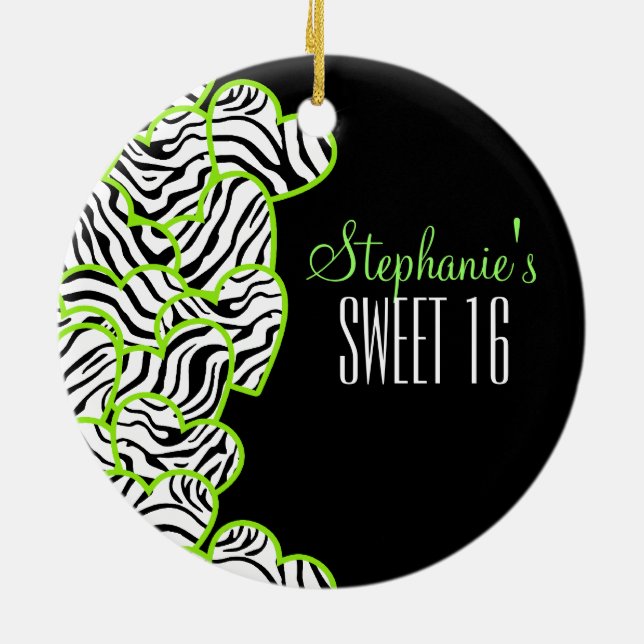 Stylish Green Sweet 16 Zebra Heart Design Name Ceramic Tree Decoration (Back)