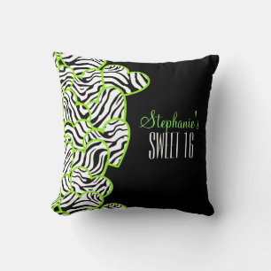 Stylish Green Sweet 16 Zebra Heart Design Name Cushion