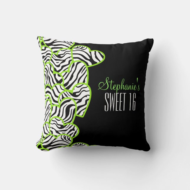 Stylish Green Sweet 16 Zebra Heart Design Name Cushion (Front)