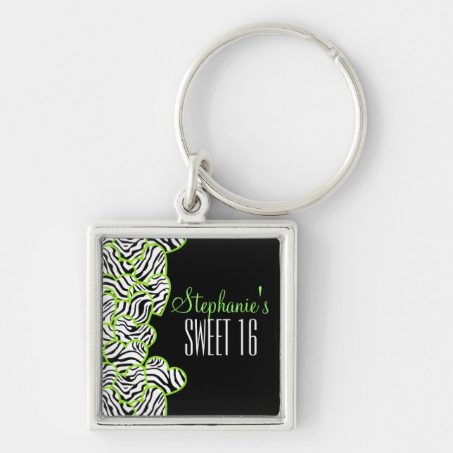 Stylish Green Sweet 16 Zebra Heart Design Name Key Ring (Front)
