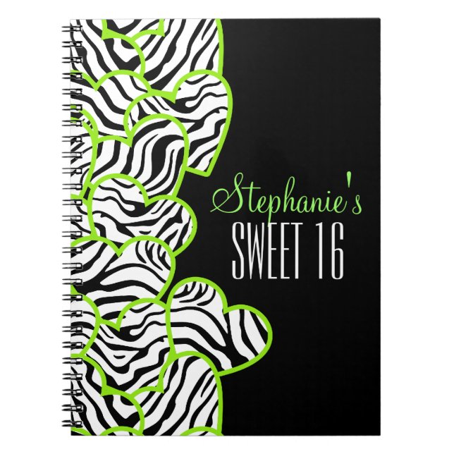 Stylish Green Sweet 16 Zebra Heart Design Name Notebook (Front)