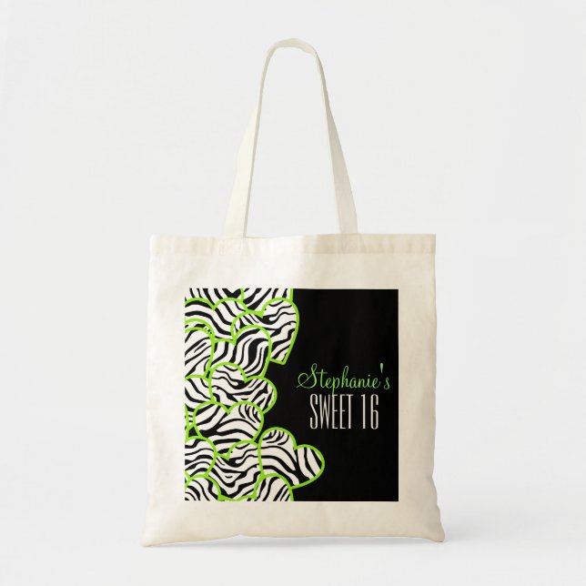 Stylish Green Sweet 16 Zebra Heart Design Name Tote Bag (Front)