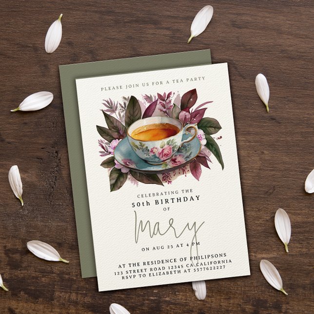 Stylish Green Tea Party Mug Floral Watercolor  Invitation (Creator Uploaded)