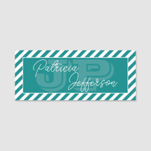 Stylish Green Teal White Striped: Elegant Monogram Name Tag