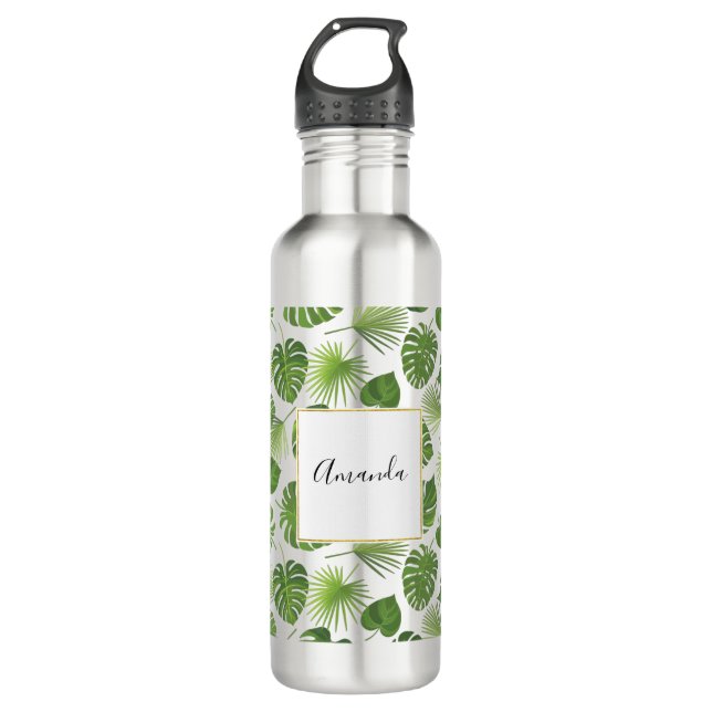 Stylish Green Tropical Leaves Pattern 710 Ml Water Bottle (Front)