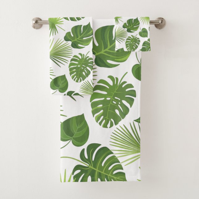 Stylish Green Tropical Leaves Pattern Bath Towel Set (Insitu)