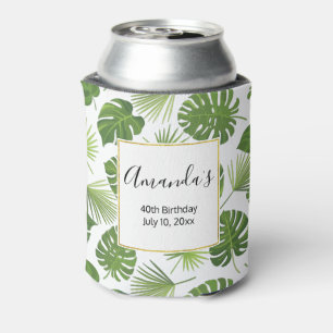 Stylish Green Tropical Leaves Pattern Birthday Can Cooler