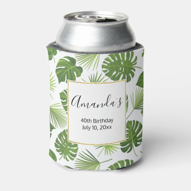 Stylish Green Tropical Leaves Pattern Birthday Can Cooler (Can Back)