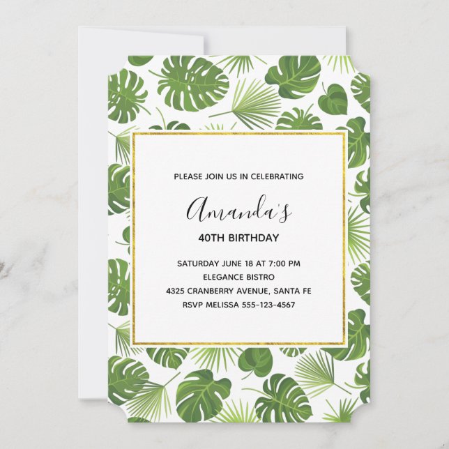 Stylish Green Tropical Leaves Pattern Birthday Invitation (Front)