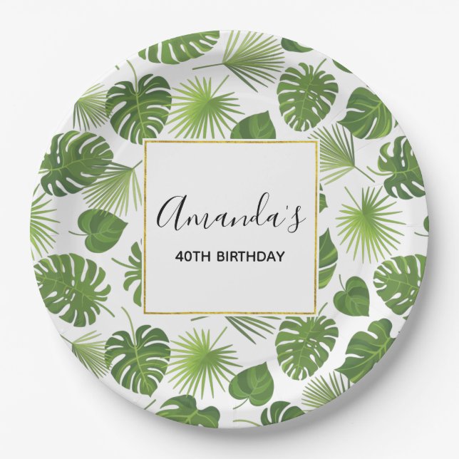 Stylish Green Tropical Leaves Pattern Birthday Paper Plate (Front)