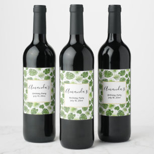 Stylish Green Tropical Leaves Pattern Birthday Wine Label