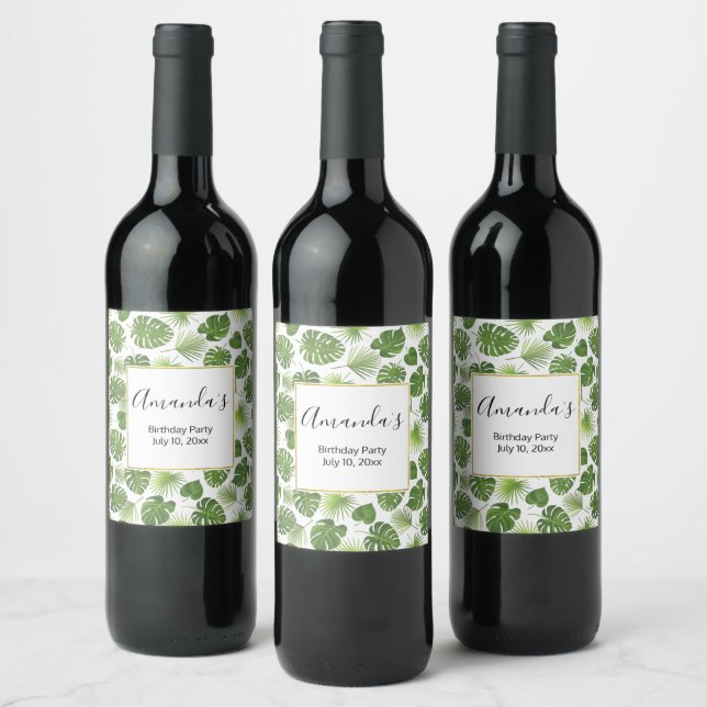 Stylish Green Tropical Leaves Pattern Birthday Wine Label (Bottles)