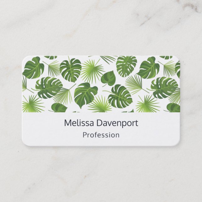 Stylish Green Tropical Leaves Pattern Business Card (Front)