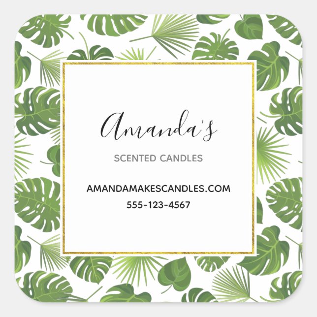 Stylish Green Tropical Leaves Pattern Business Square Sticker (Front)
