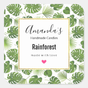 Stylish Green Tropical Leaves Pattern Candle Square Sticker