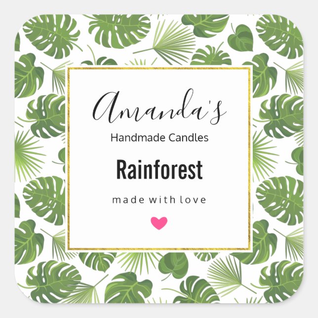 Stylish Green Tropical Leaves Pattern Candle Square Sticker (Front)