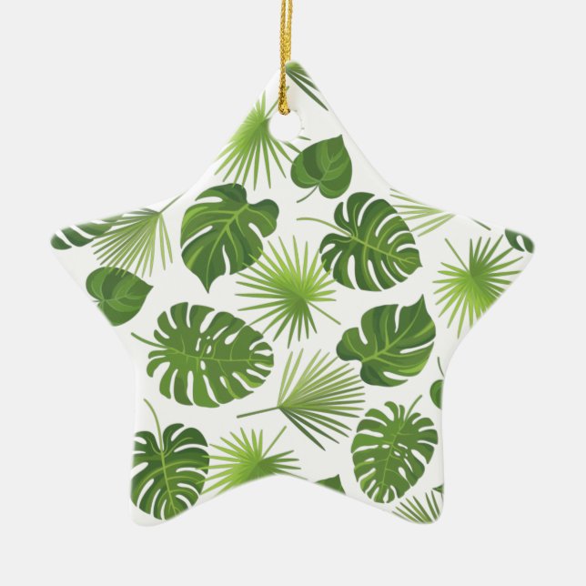 Stylish Green Tropical Leaves Pattern Ceramic Tree Decoration (Front)