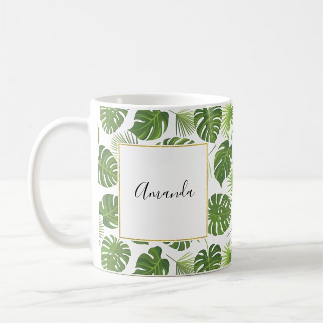 Stylish Green Tropical Leaves Pattern Coffee Mug (Left)