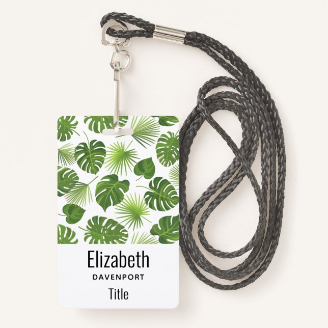 Stylish Green Tropical Leaves Pattern ID Badge (Front with Lanyard)
