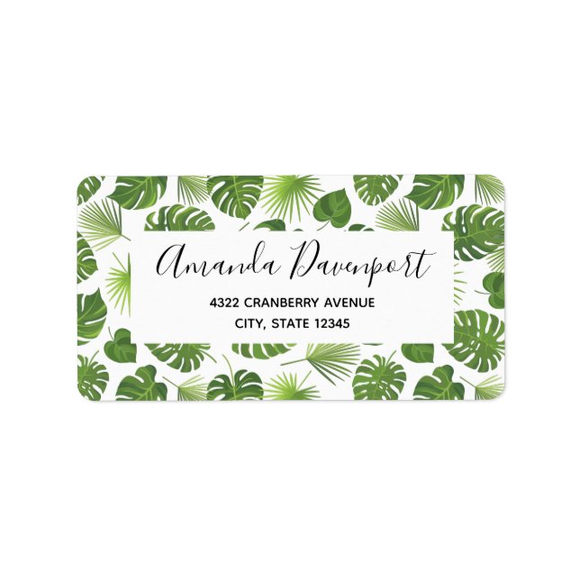 Stylish Green Tropical Leaves Pattern Label (Front)
