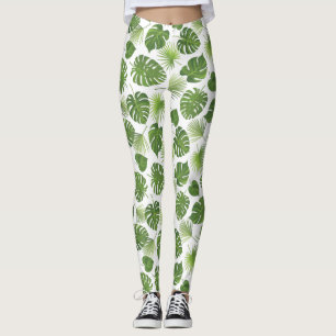 Stylish Green Tropical Leaves Pattern Leggings
