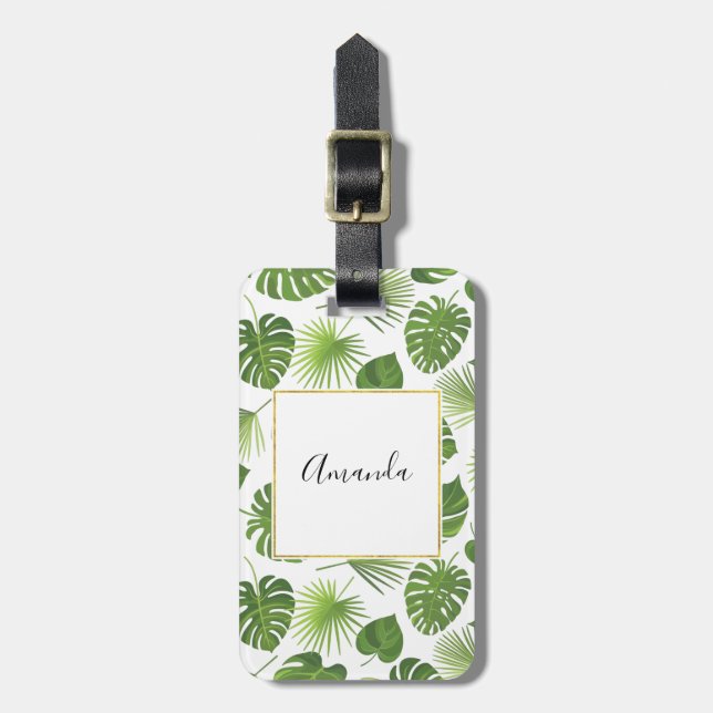 Stylish Green Tropical Leaves Pattern Luggage Tag (Front Vertical)