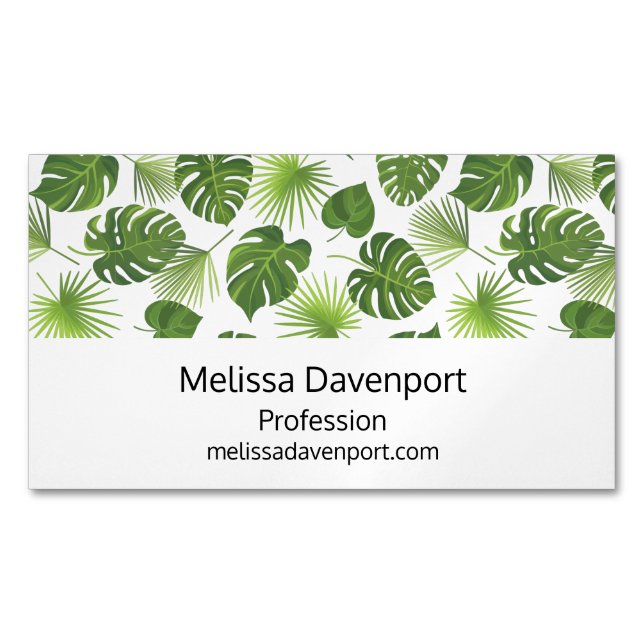 Stylish Green Tropical Leaves Pattern Magnetic Business Card (Front)