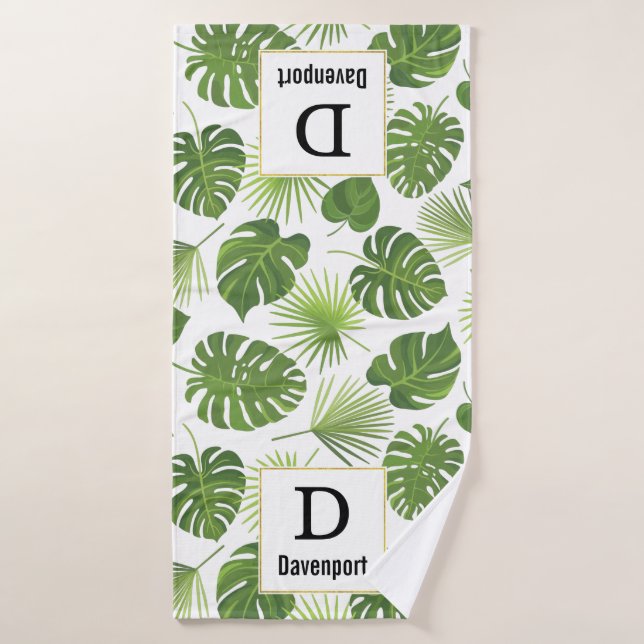 Stylish Green Tropical Leaves Pattern Monogrma Bath Towel Set (Bath Towel)