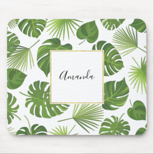 Stylish Green Tropical Leaves Pattern Mouse Mat
